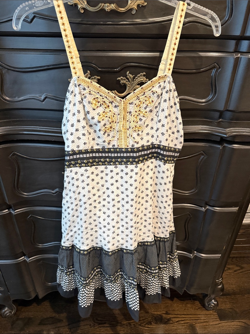 Embroidered Ivory & Black Spaghetti-Strap Women's Top